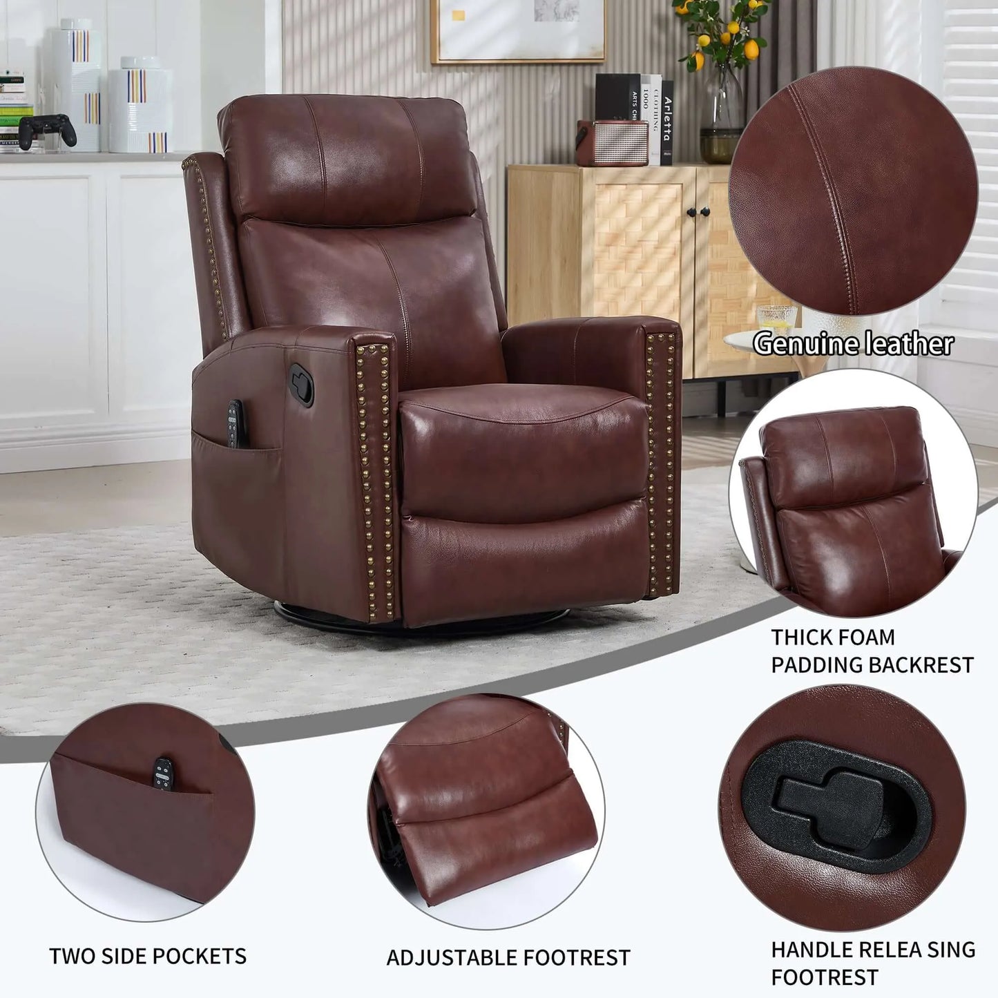 Brown leather recliner chair with features highlighted in a living room setting