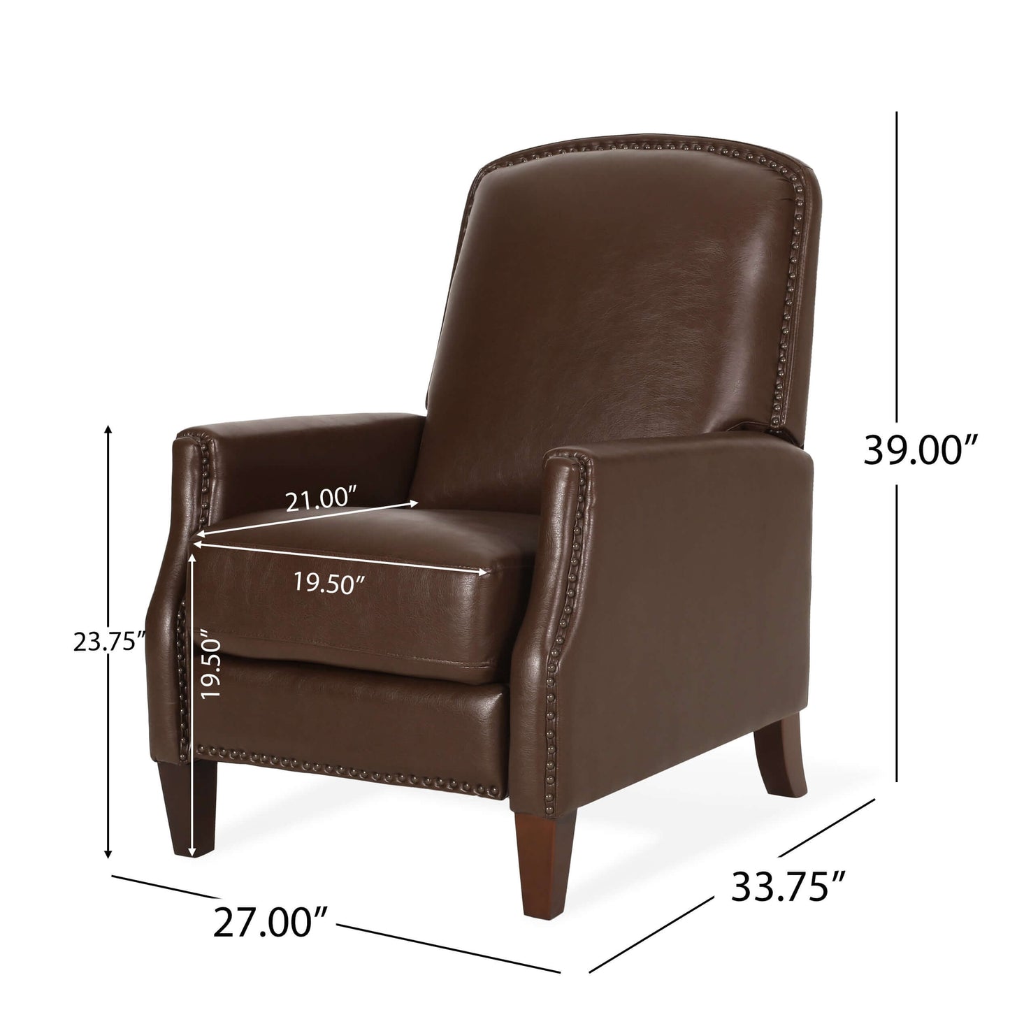 Dark Brown Recliner Chair with Rivets - Right angle view with chair dimensions