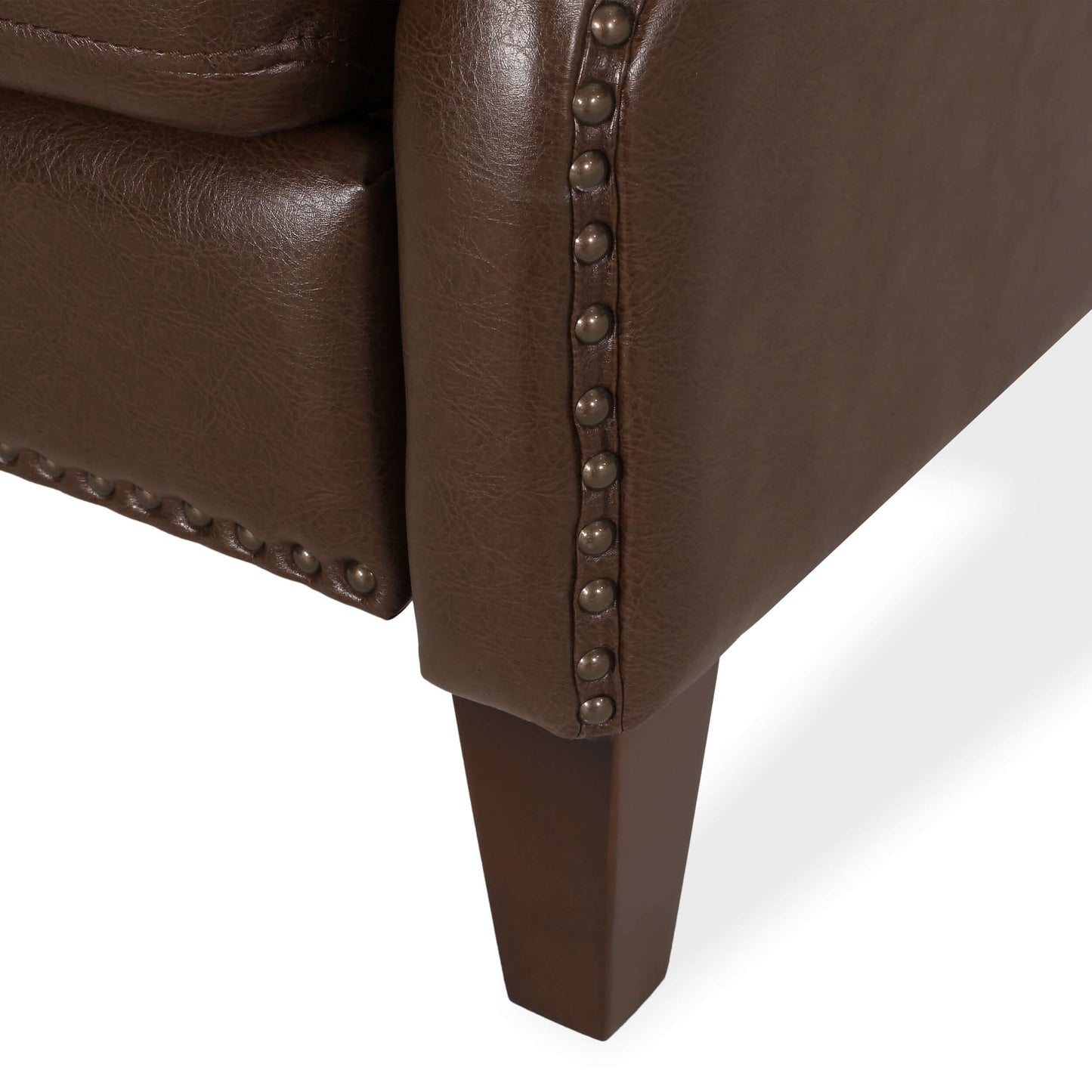 Dark Brown Recliner Chair with Rivets - Close up view of legs