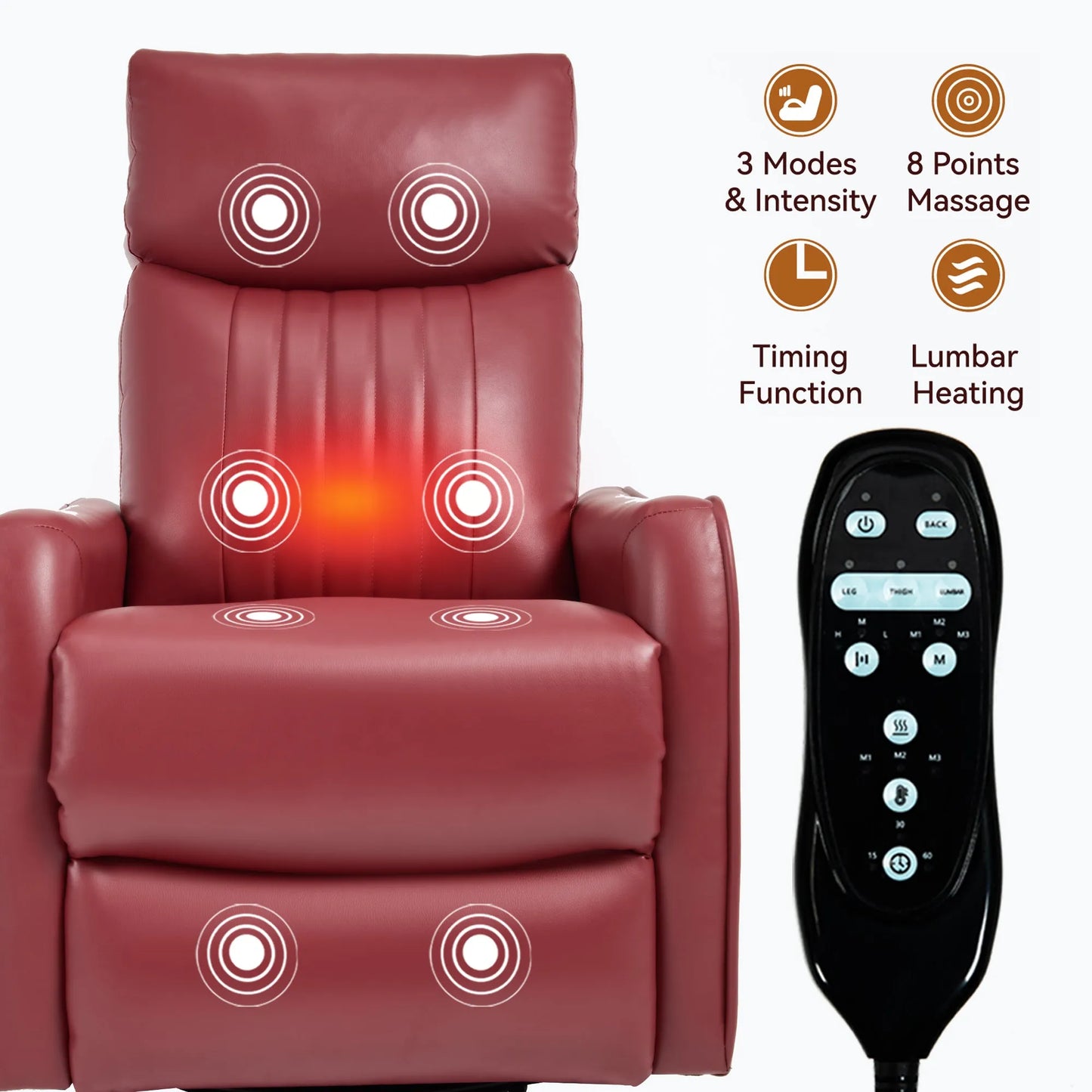 Red massage recliner chair with remote control on a white background