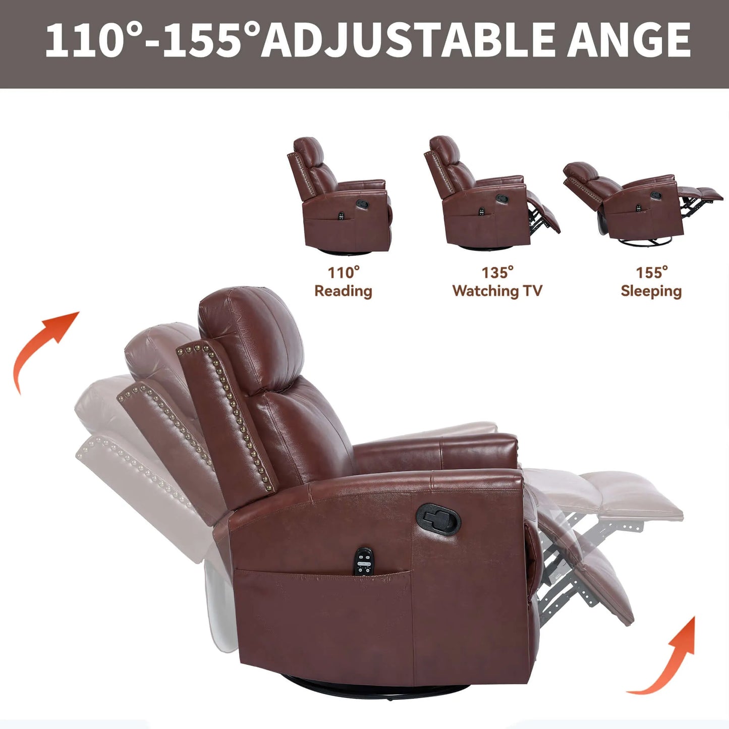 Brown recliner chair with adjustable angles for reading, watching TV, and sleeping on a white background.