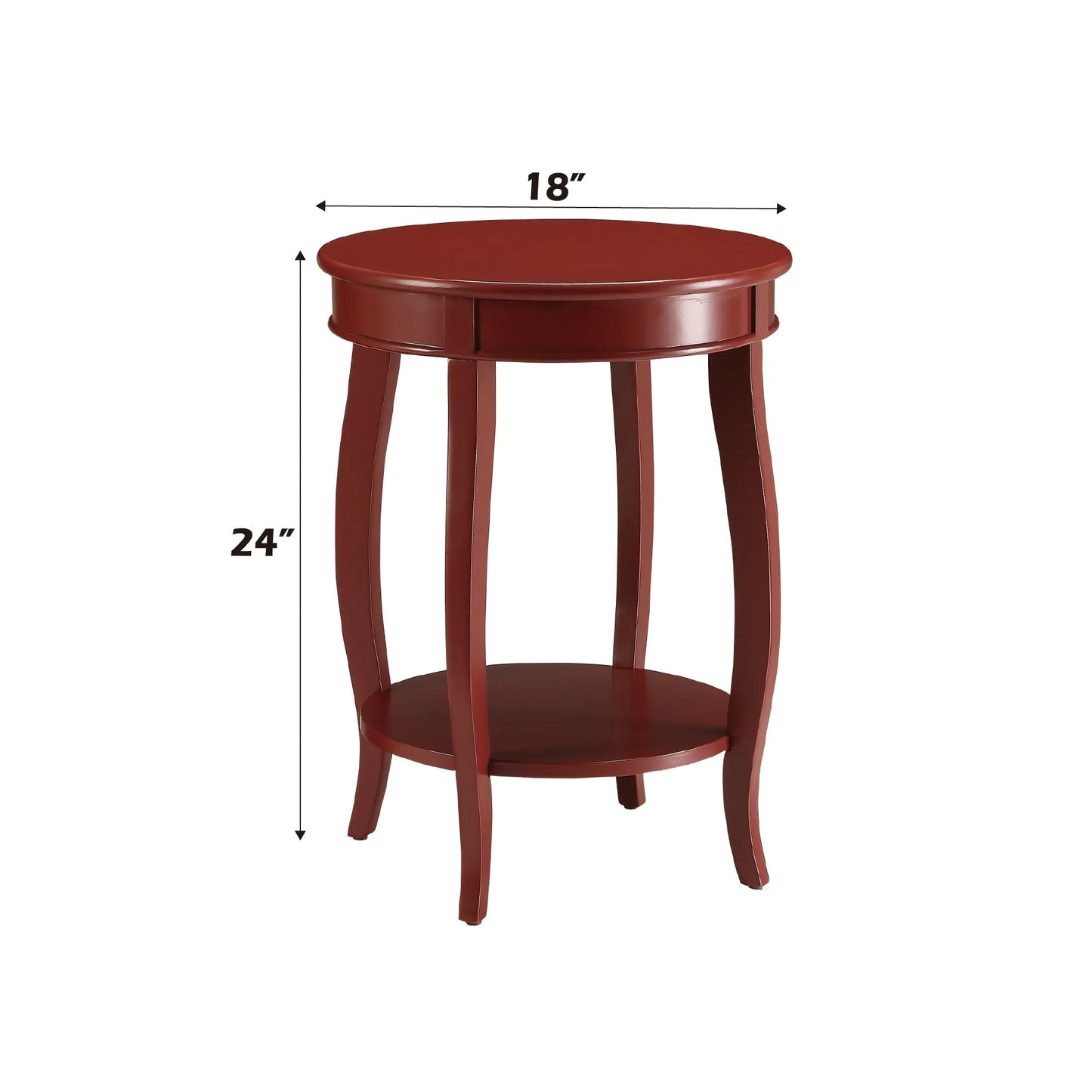 Round wooden red end table with dimensions on a white background