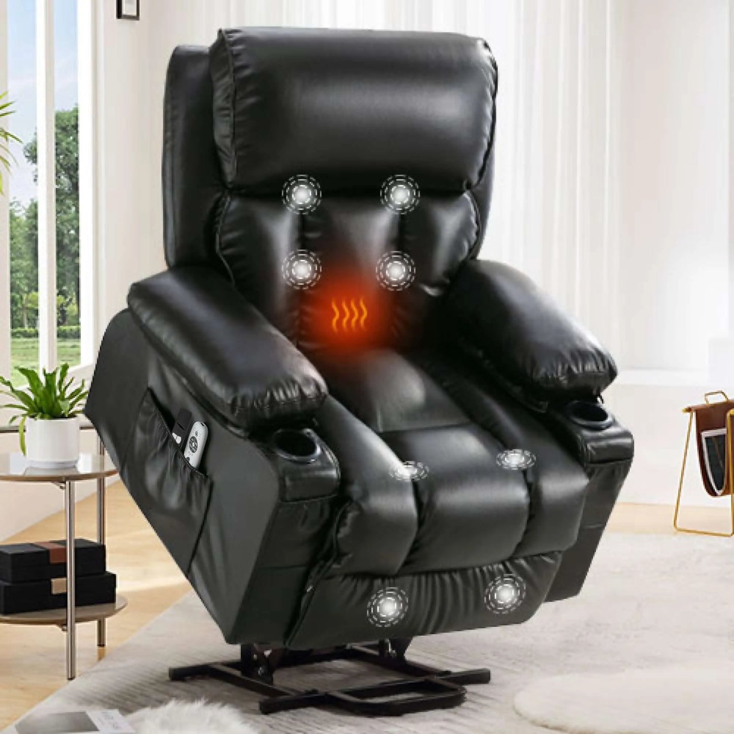 Black massage lift chair with heating indicators in a room setting