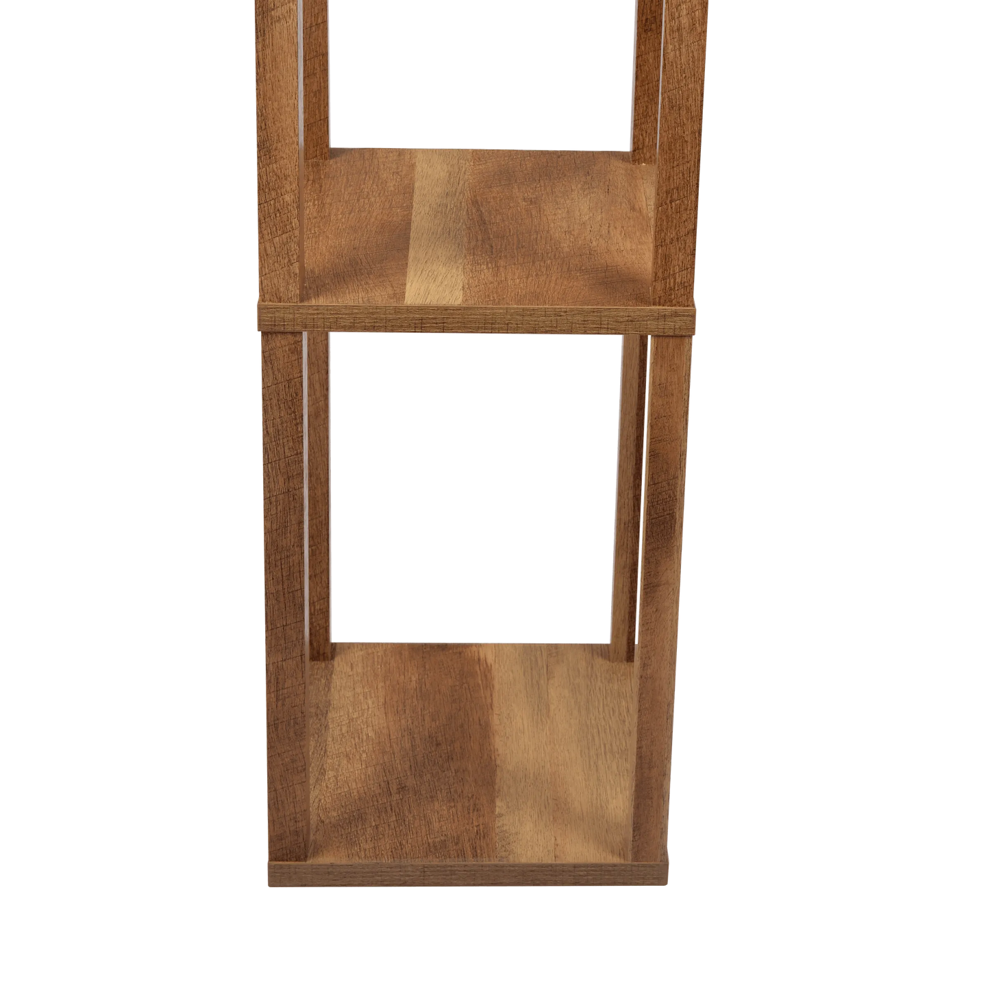 Closse up of wooden floor lamp with two shelves on a white background