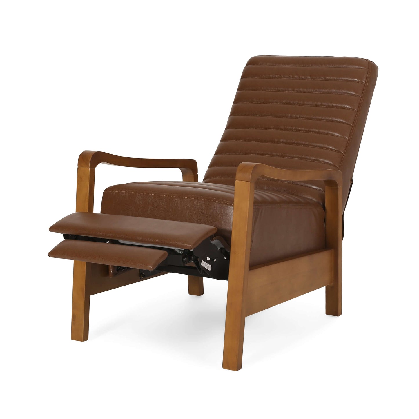 Brown faux leather recliner chair in reclining position on a white background