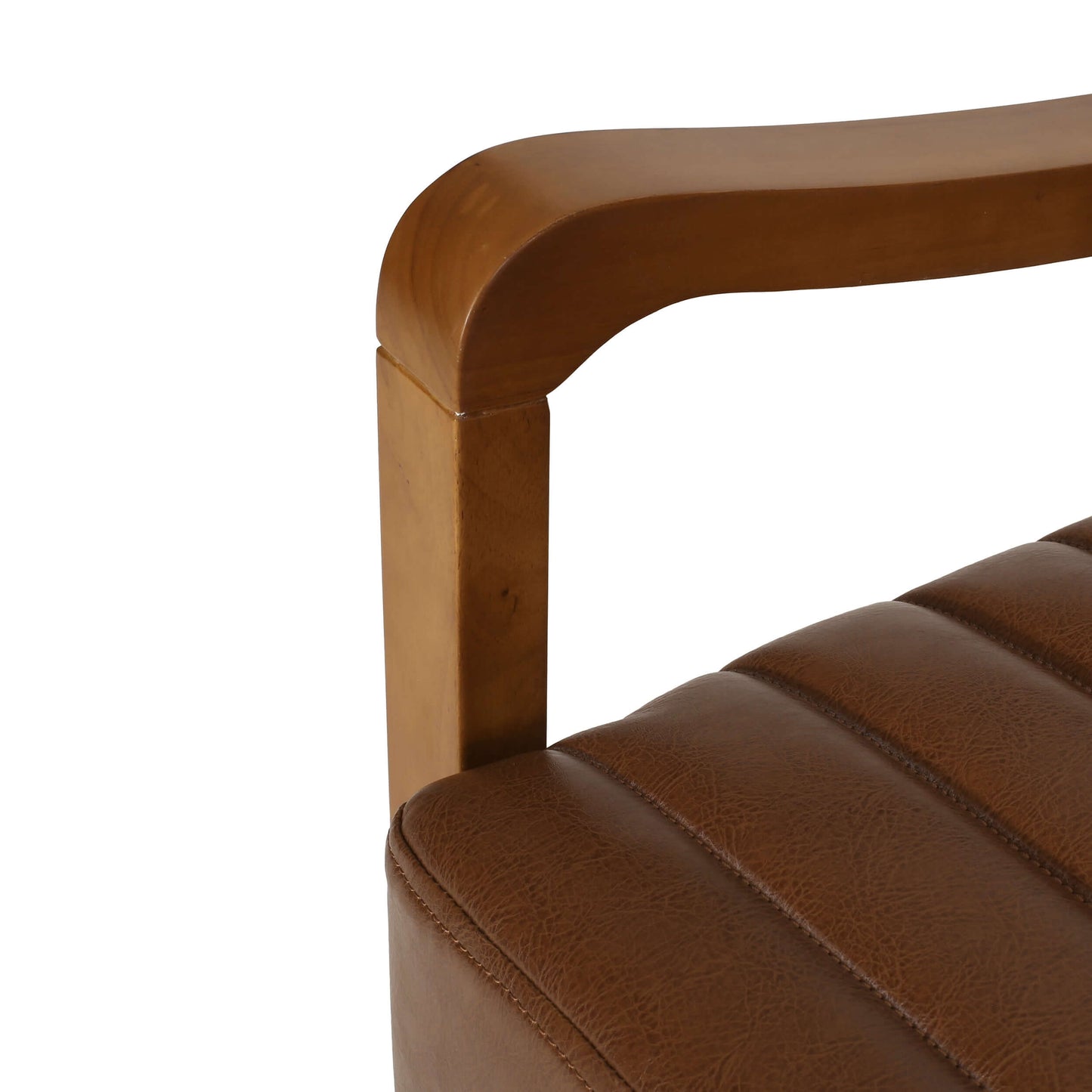 Brown faux leather chair with wooden armrest on a white background