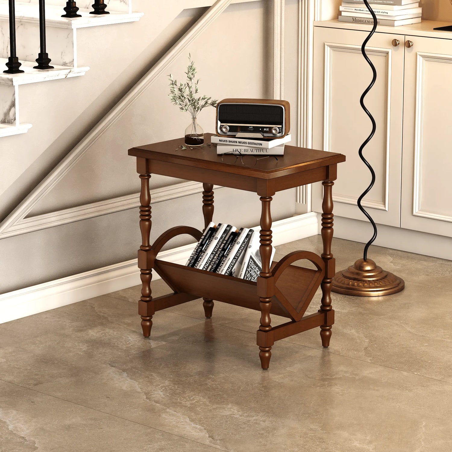 Mahogany magazine table in a corner of a room