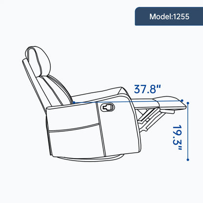 Line drawing of a recliner chair and footrest fully extended with dimensions labeled on a white background