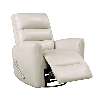 Side angle view of a beige recliner chair with footrest extended on a white background