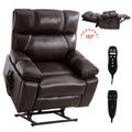 Brown leather recliner chair with remote control on a white background