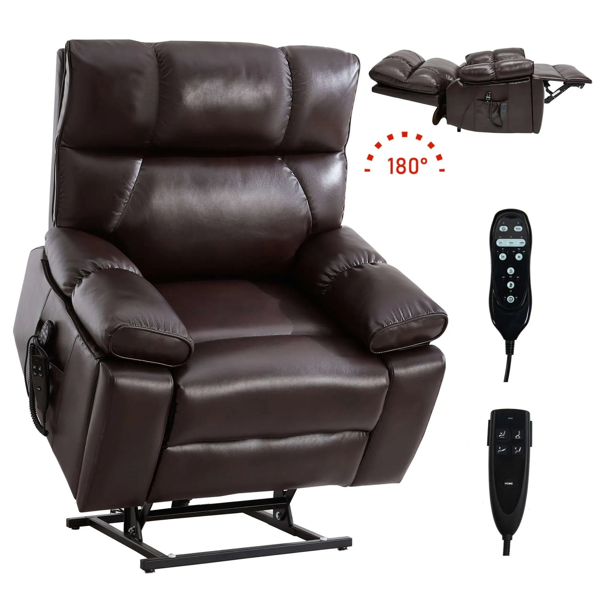 Brown leather recliner chair with remote control on a white background