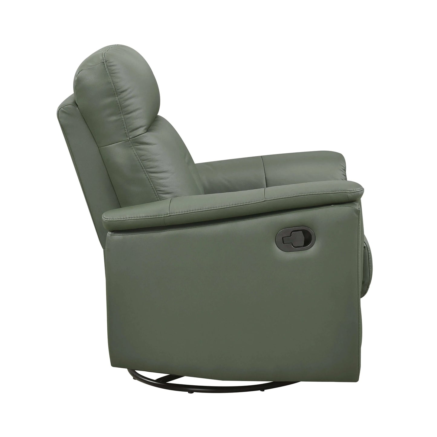 Side view of a green leather swivel glider recliner chair with pull tab on a white background