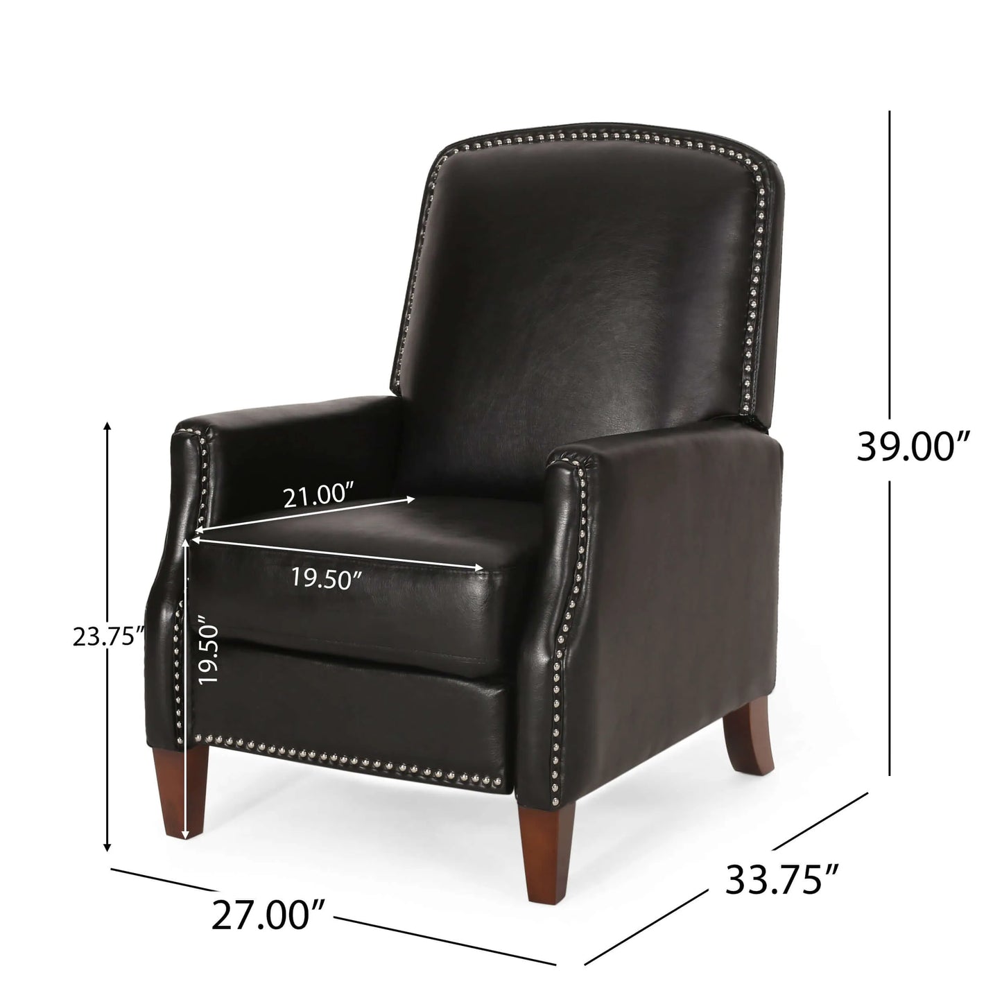 Black leather recliner chair with dimensions marked on a white background