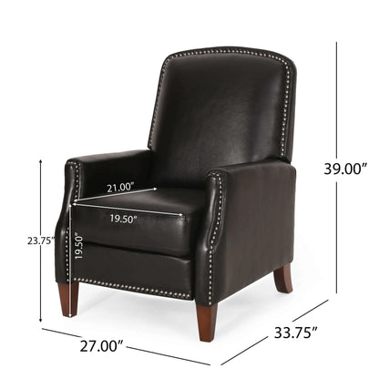 Black leather recliner chair with dimensions marked on a white background