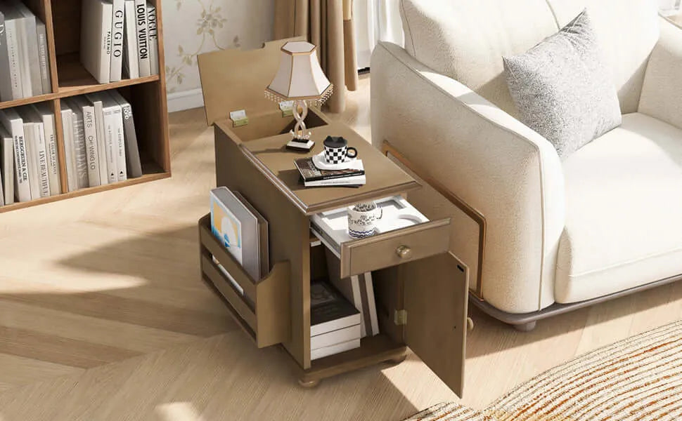 Brown wooden end table with storage compartments in a living room setting