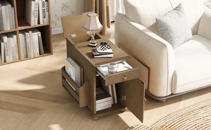 Brown wooden end table with storage compartments in a living room setting