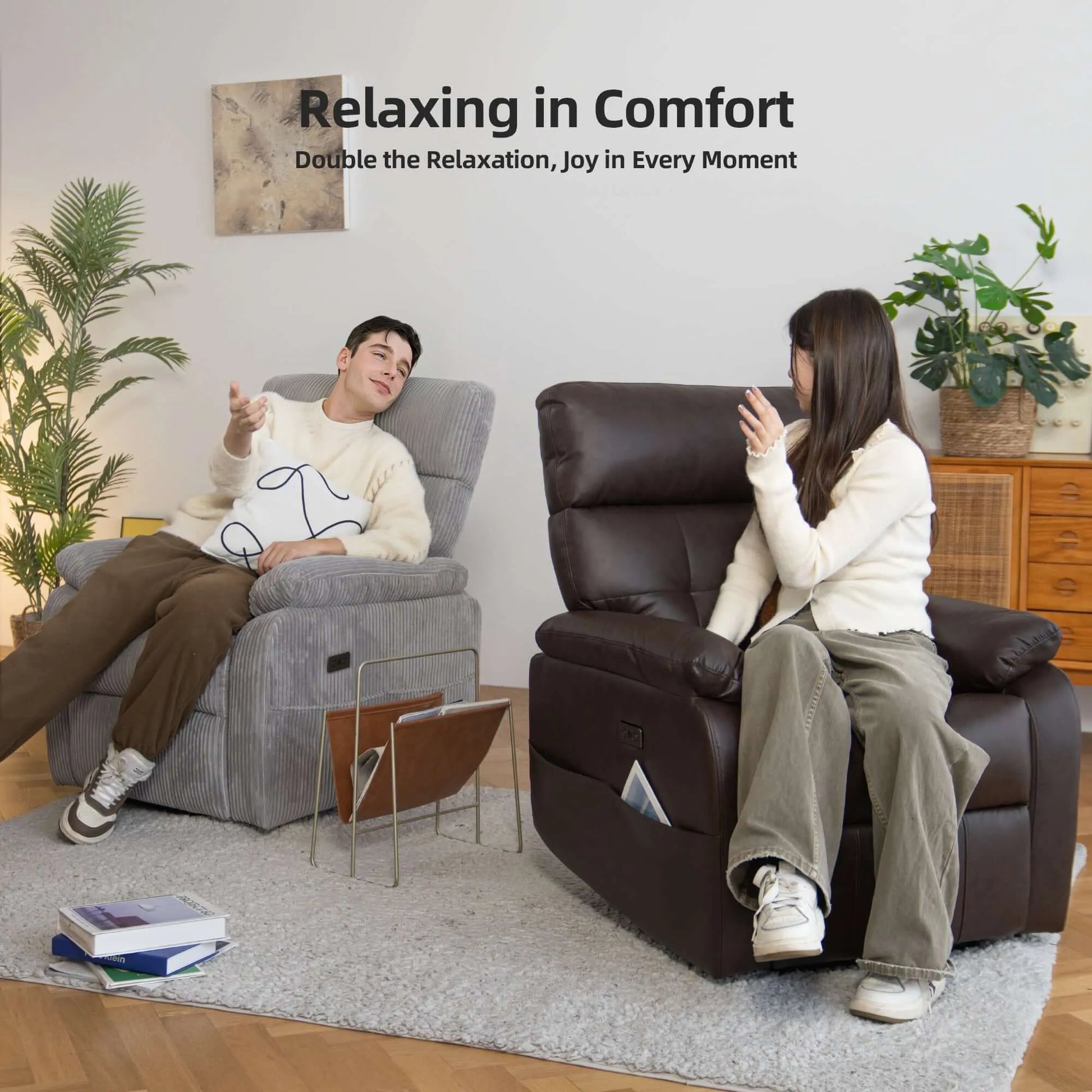 Two people relaxing in recliners with text 'Relaxing in Comfort' and 'Double the Relaxation, Joy in Every Moment'.