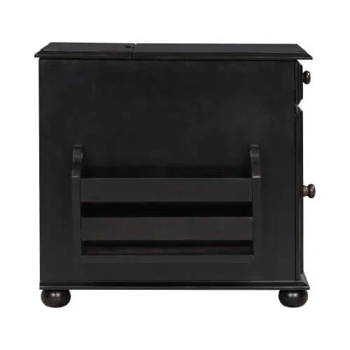 Dark brown end table with book holder on a white background