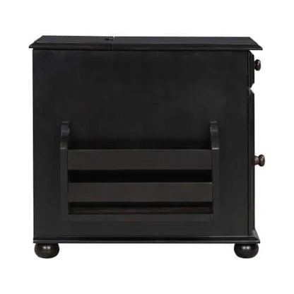 Dark brown end table with book holder on a white background