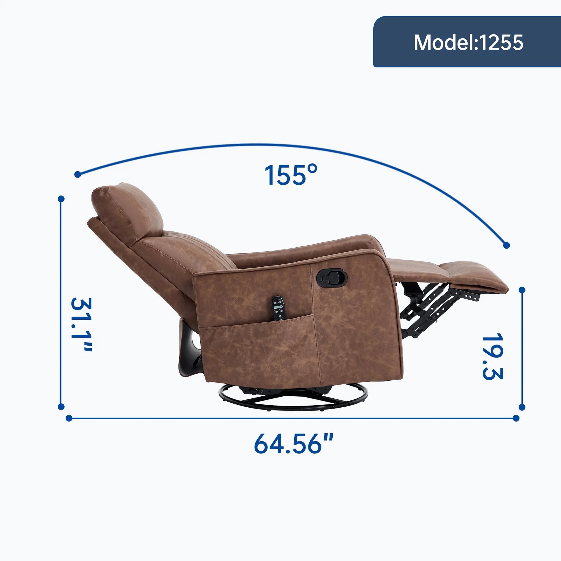 Fully reclined brown recliner chair with dimensions labeled on a white background
