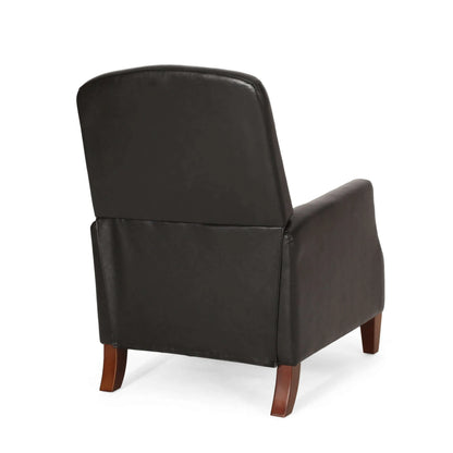 Back side of a black leather armchair with wooden legs on a white background