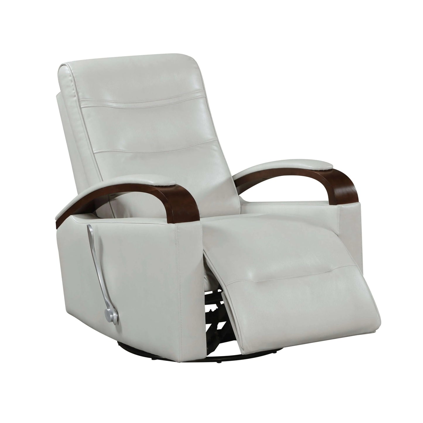 Gray recliner chair with brown armrests and footrest partially extended on a white background