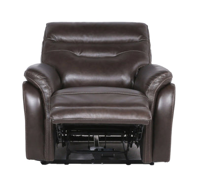 Brown leather recliner chair with footrest extended exposing black mechanism on a white background