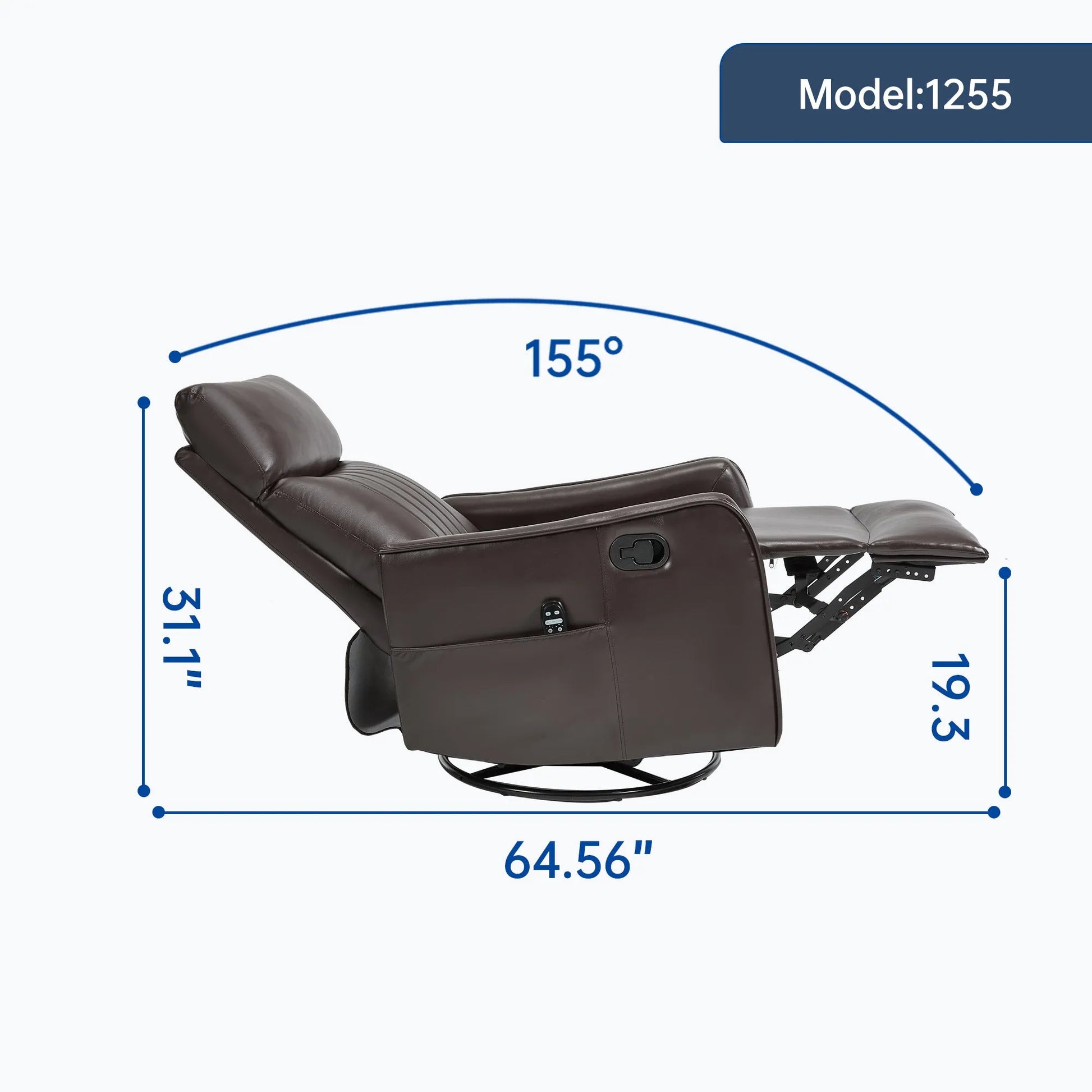 Brown recliner chair with dimensions labeled on a white background