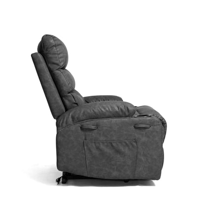 Side view of a gray faux leather power lift recliner chair with plush arm cushions and storage pocket  on a white background