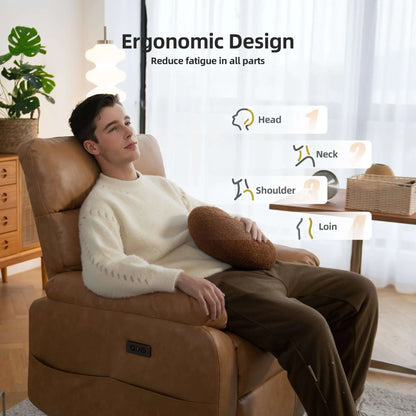Man relaxing in a brown recliner chair with ergonomic design benefits highlighted.