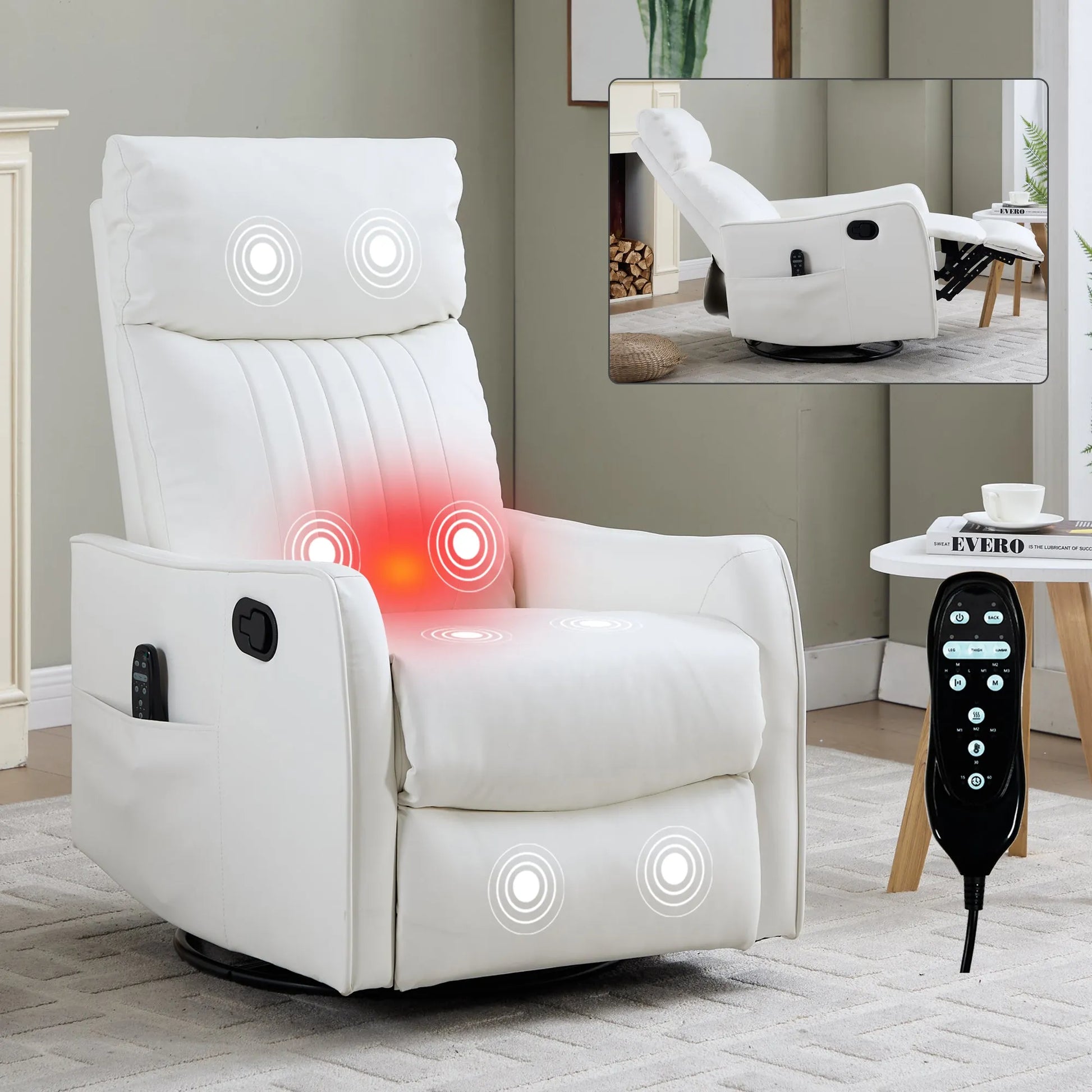 White massage chair with illuminated massage points in a room setting