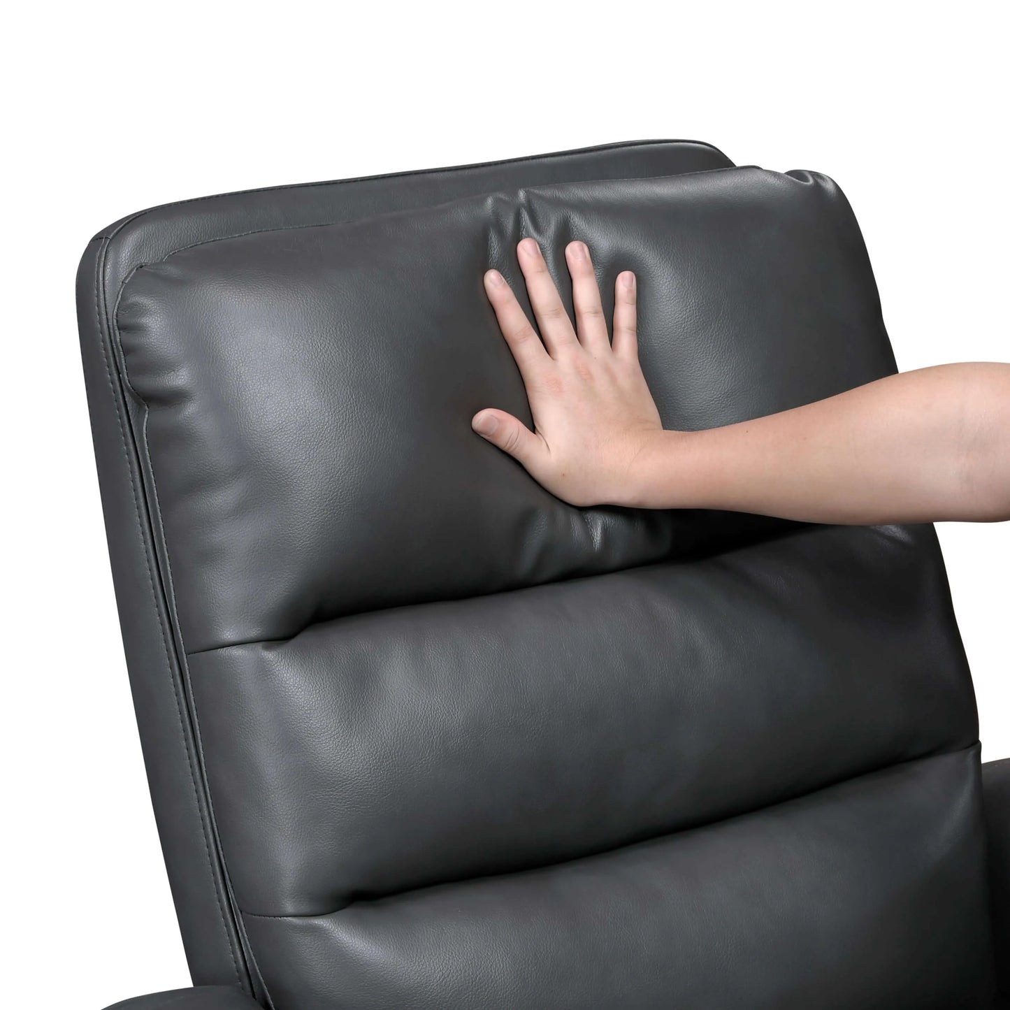 Hand touching a gray leather recliner chair on a white background