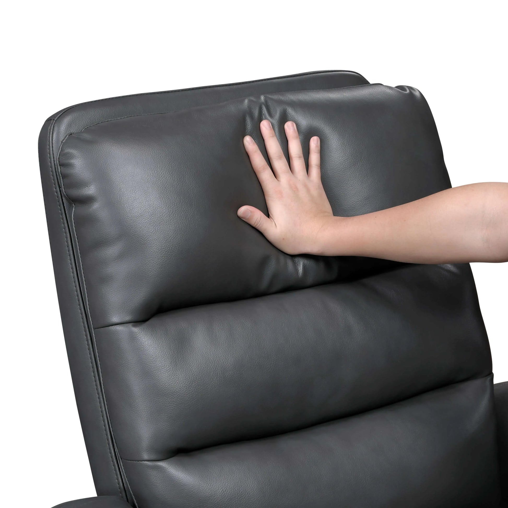 Hand touching a gray leather recliner chair on a white background