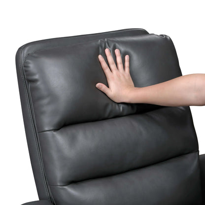 Hand touching a gray leather recliner chair on a white background