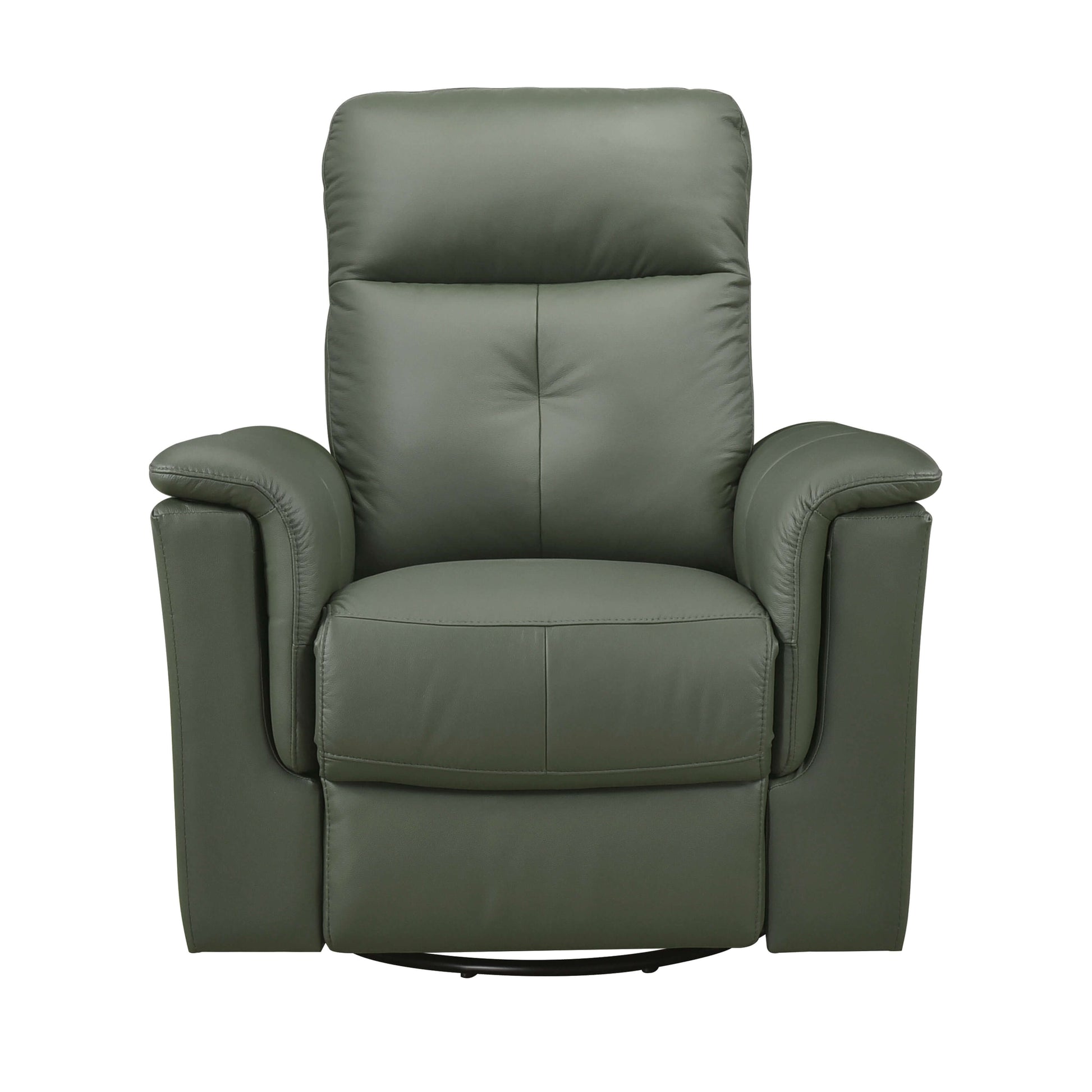 Front view of a Green leather swivel glider recliner chair with plush cushions and sleek silhouette—built for cozy lounging and modern style on a white background.