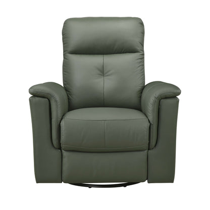 Front view of a Green leather swivel glider recliner chair with plush cushions and sleek silhouette—built for cozy lounging and modern style on a white background.