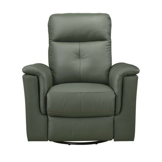 Front view of a Green leather swivel glider recliner chair with plush cushions and sleek silhouette—built for cozy lounging and modern style on a white background.