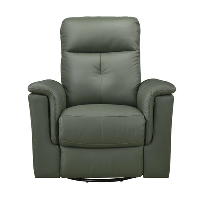 Front view of a Green leather swivel glider recliner chair with plush cushions and sleek silhouette—built for cozy lounging and modern style on a white background.