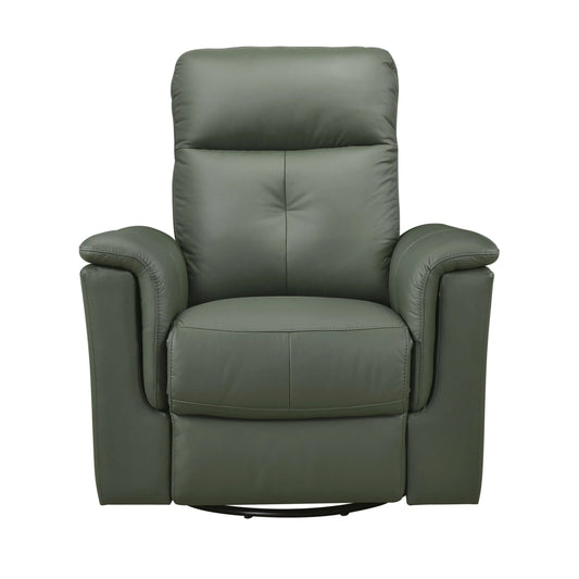 Front view of a Green leather swivel glider recliner chair with plush cushions and sleek silhouette—built for cozy lounging and modern style on a white background.