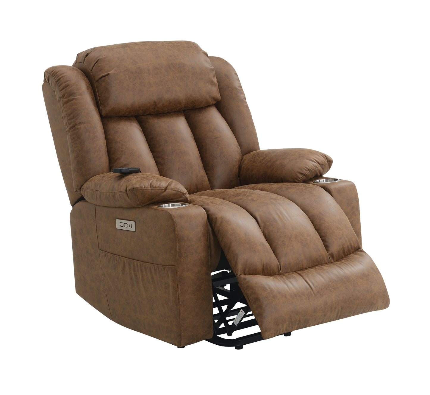 Brown recliner chair with footrest extended on a white background