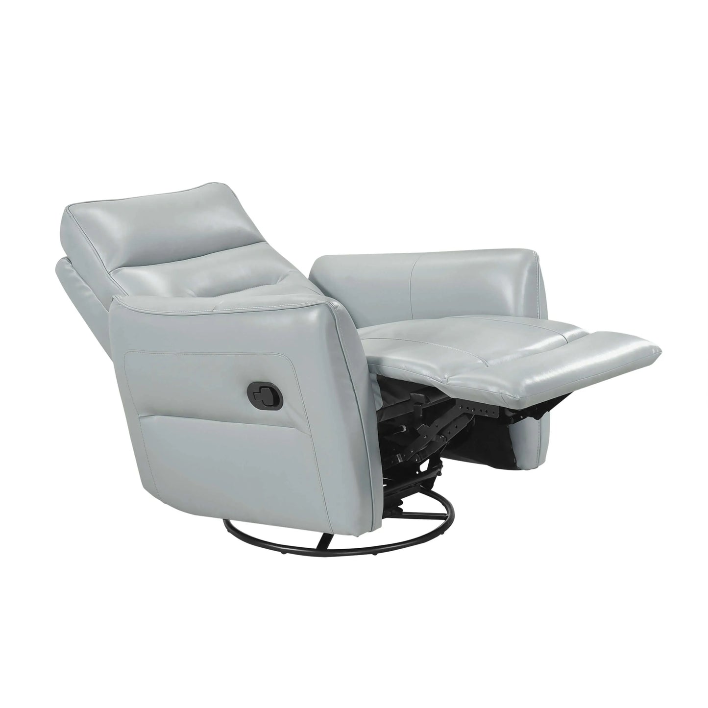 Fully extended light blue recliner chair with black swivel metal base on a white background