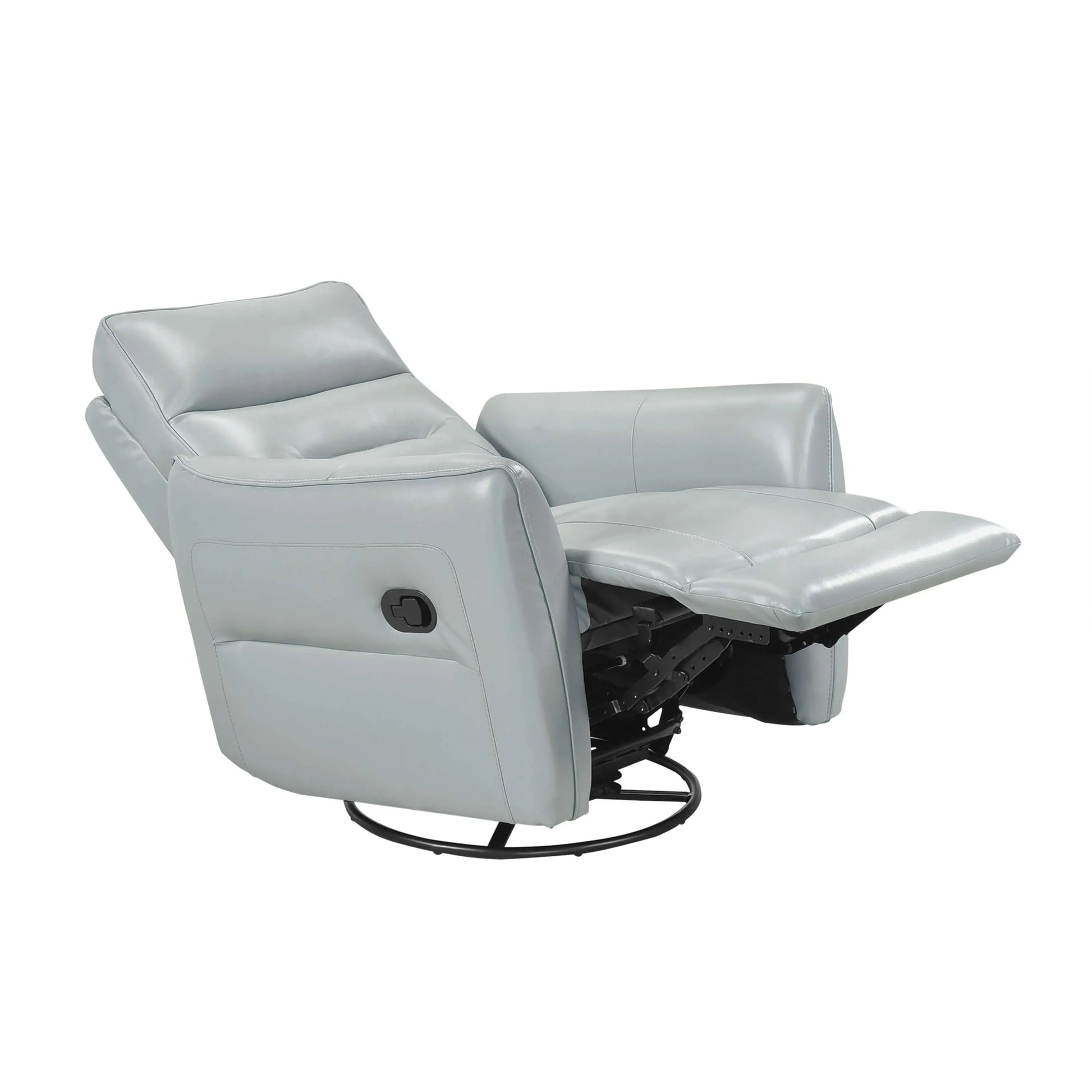Fully extended light blue recliner chair with black swivel metal base on a white background