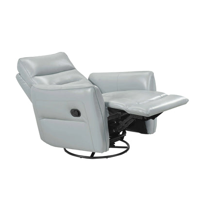 Fully extended light blue recliner chair with black swivel metal base on a white background