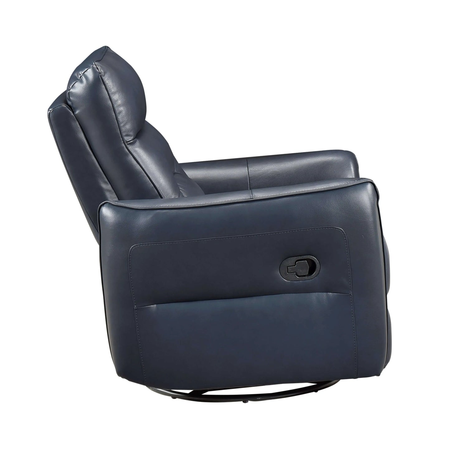 Side view of a blue leather recliner chair on a white background