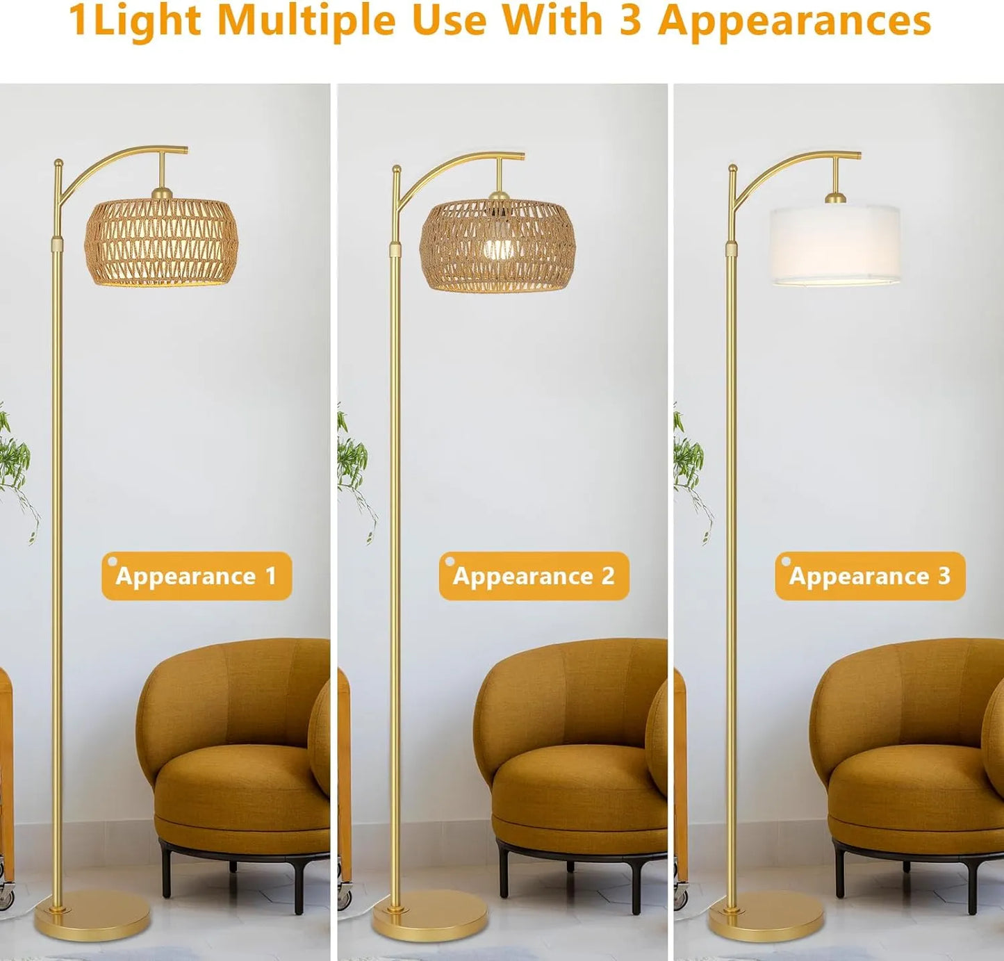 Floor lamp with multiple appearances shown in a triptych, featuring a chair in the background.