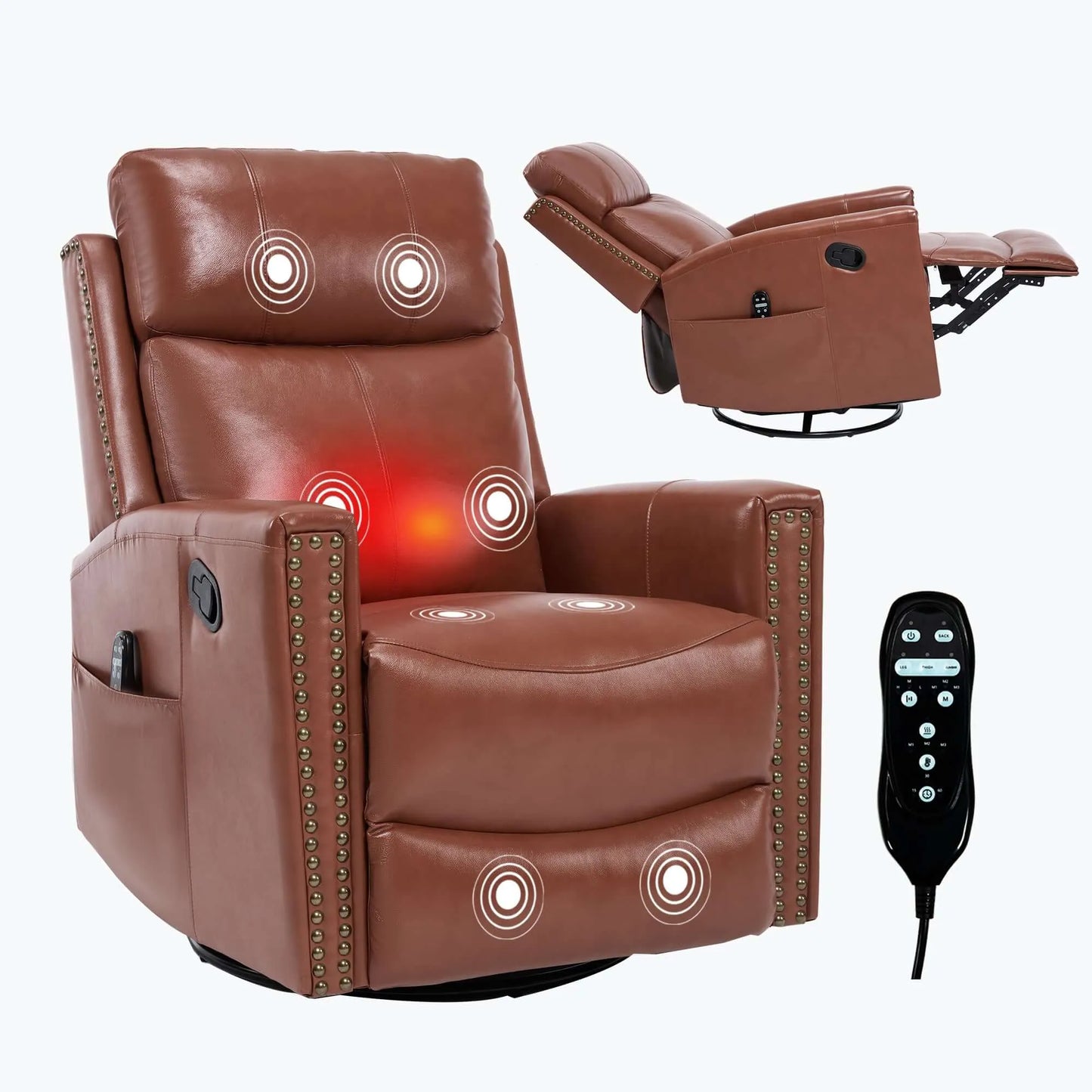 Brown massage recliner chair with remote control on a white background