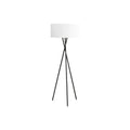Tripod floor lamp with a white shade on a white background