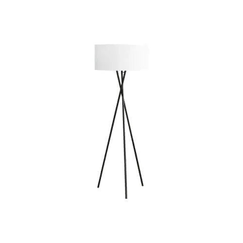 Tripod floor lamp with a white shade on a white background