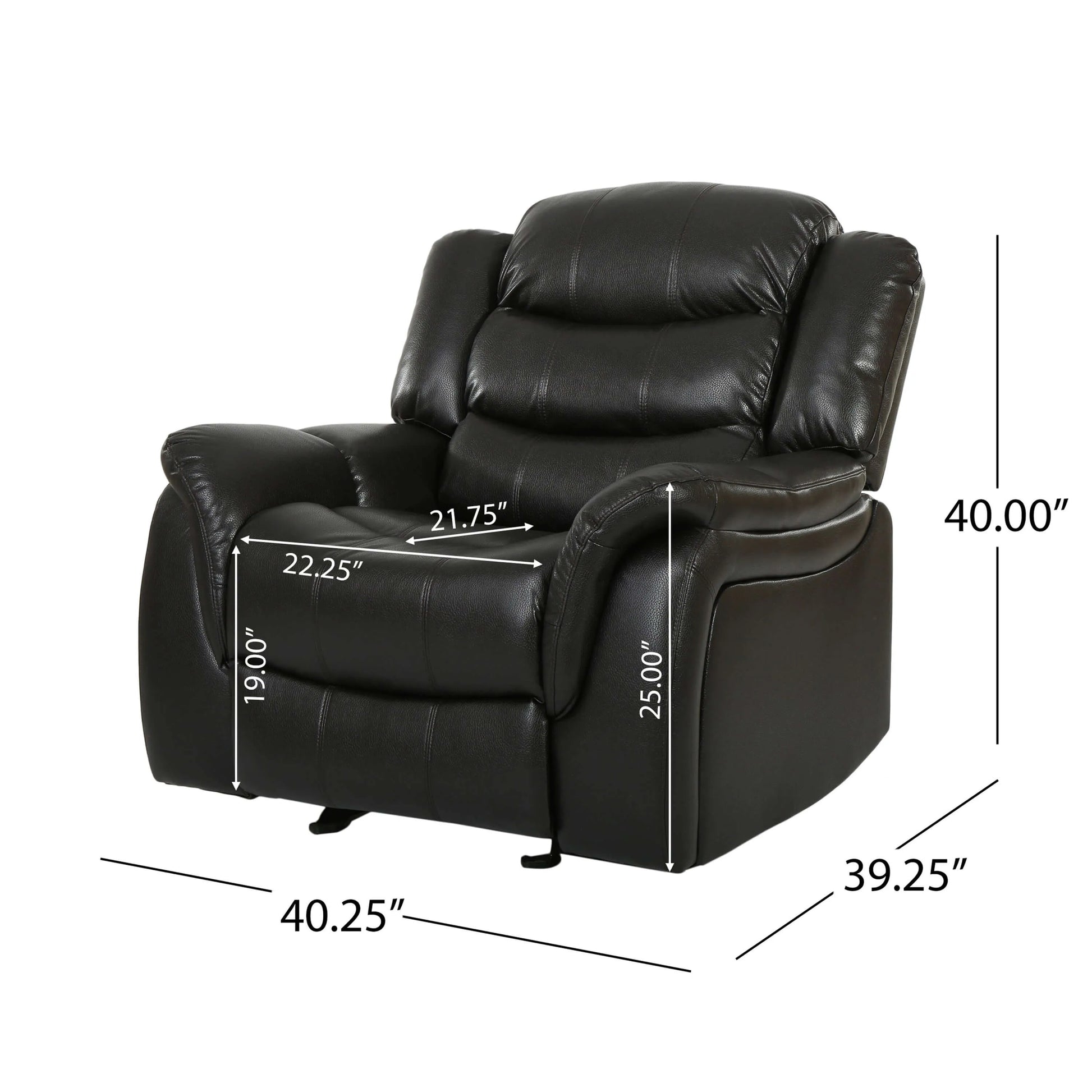 Black faux leather glider recliner chair in an upright position with dimensions marked on a white background