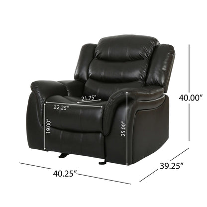 Black faux leather glider recliner chair in an upright position with dimensions marked on a white background